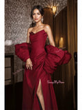 Mermaid Ruched Flower Detachable Sleeve Burgundy Prom Dress With Slit