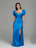 Sweetheart A Line Satin Blue Puffy Sleeve Prom Dress With Slit