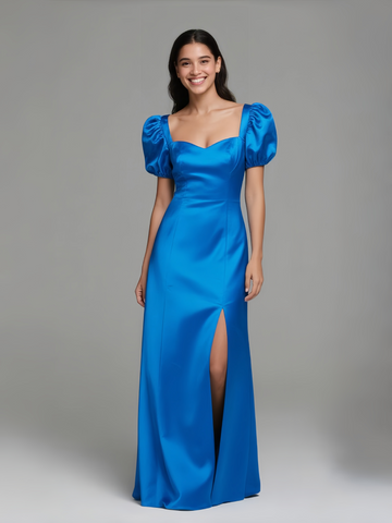 Sweetheart A Line Satin Blue Puffy Sleeve Prom Dress With Slit
