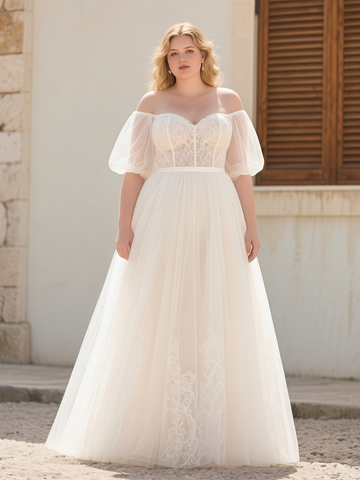 Tulle Appliques Off The Shoulder Plus Size Wedding Dress