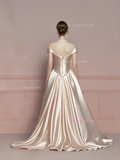 A Line Off The Shoulder Satin Wedding Dress With Bowknot