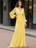 Chiffon V Neck Ruched Yellow A Line Prom Dress