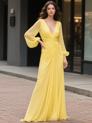 Chiffon V Neck Ruched Yellow A Line Prom Dress