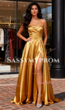 Sweetheart A Line Satin Gold Ruched Prom Dress With Slit