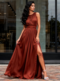 Chiffon Pleats A Line Scoop Bridesmaid Dress With Slit