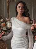 Off The Shoulder White Sparkle Sequin Prom Dress