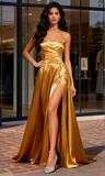 Sweetheart A Line Satin Gold Ruched Prom Dress With Slit