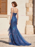 Blue Ruffles Spaghetti Straps Tulle Sparkle Prom Dress