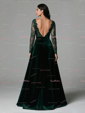Long Sleeve Deep V Neck A Line Green Lace Velvet Prom Dress Sassymyprom Long Sleeve Deep V Neck A Line Green Lace Velvet Prom Dress Sassymyprom