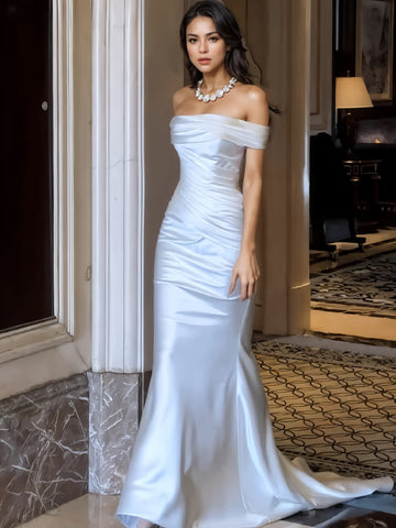 Satin Ruched Trumpet Mermaid Off The Shoulder Wedding Dress