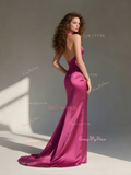 Trumpet Mermaid Flower Halter Cut Out Satin Prom Dress With Slit