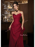 Mermaid Ruched Flower Detachable Sleeve Burgundy Prom Dress With Slit