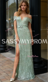Crystal Off The Shoulder Green A Line Prom Dress With Slit