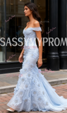 Off The Shoulder Blue Flower Beading Tulle Mermaid Prom Dress