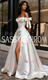 Ruched A Line Satin Off The Shoulder Wedding Dress With Slit