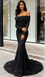 Long Sleeve Beading Black Off The Shoulder Trumpet Mermaid Prom Dress