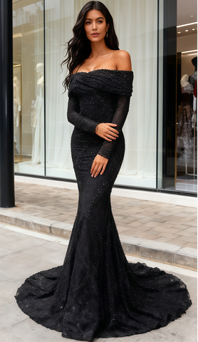 Long Sleeve Beading Black Off The Shoulder Trumpet Mermaid Prom Dress
