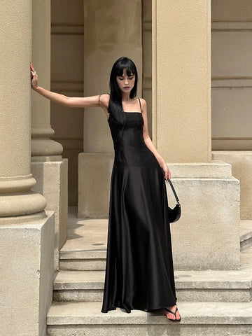 Black Satin Spaghetti Strap Maxi Dress