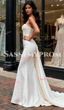 Sheath Column Satin Sweetheart Ruched Wedding Dress With Detachable Train