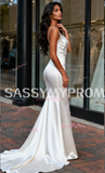 Spaghetti Straps Satin Trumpet Mermaid Crystal Wedding Dress