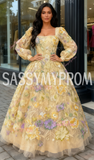 Flower Lace Yellow Tulle Long Sleeve Square Prom Dress