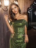 Off The Shoulder Green Ruched Prom Dress With Slit