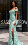 Trumpet Mermaid Flower Green Off The Shoulder Prom Dress With Slit