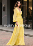 Chiffon V Neck Ruched Yellow A Line Prom Dress