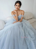 Ruffles Flowers A Line Blue Tulle Prom Dress