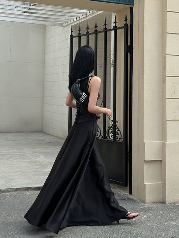 Black Satin Spaghetti Strap Maxi Dress Sassymyprom Black Satin Spaghetti Strap Maxi Dress Sassymyprom