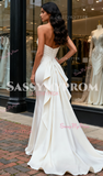 Sheath Column Satin Sweetheart Ruched Wedding Dress With Detachable Train