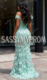 Trumpet Mermaid Flower Green Off The Shoulder Prom Dress With Slit