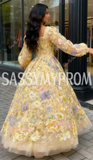 Flower Lace Yellow Tulle Long Sleeve Square Prom Dress