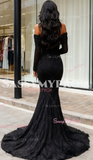 Long Sleeve Beading Black Off The Shoulder Trumpet Mermaid Prom Dress