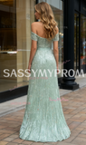 Crystal Off The Shoulder Green A Line Prom Dress With Slit