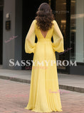 Chiffon V Neck Ruched Yellow A Line Prom Dress