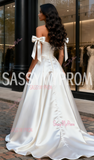 Ruched A Line Satin Off The Shoulder Wedding Dress With Slit