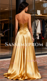 Sweetheart A Line Satin Gold Ruched Prom Dress With Slit