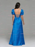 Sweetheart A Line Satin Blue Puffy Sleeve Prom Dress With Slit