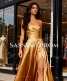 Sweetheart A Line Satin Gold Ruched Prom Dress With Slit