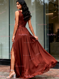 Chiffon Pleats A Line Scoop Bridesmaid Dress With Slit