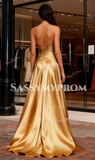 Sweetheart A Line Satin Gold Ruched Prom Dress With Slit