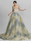 Ball Gown Tulle Floral Green Strapless Prom Dress