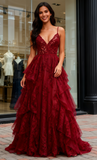 Lace Layers Burgundy A Line Spaghetti Straps Prom Dress