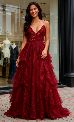 Lace Layers Burgundy A Line Spaghetti Straps Prom Dress