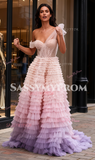 Ombre Tulle A Line Layers One Shoulder Prom Dress