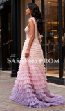 Ombre Tulle A Line Layers One Shoulder Prom Dress