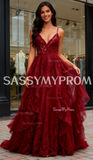Lace Layers Burgundy A Line Spaghetti Straps Prom Dress