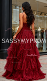 Lace Layers Burgundy A Line Spaghetti Straps Prom Dress