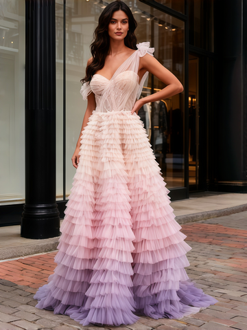 Ombre Tulle A Line Layers One Shoulder Prom Dress